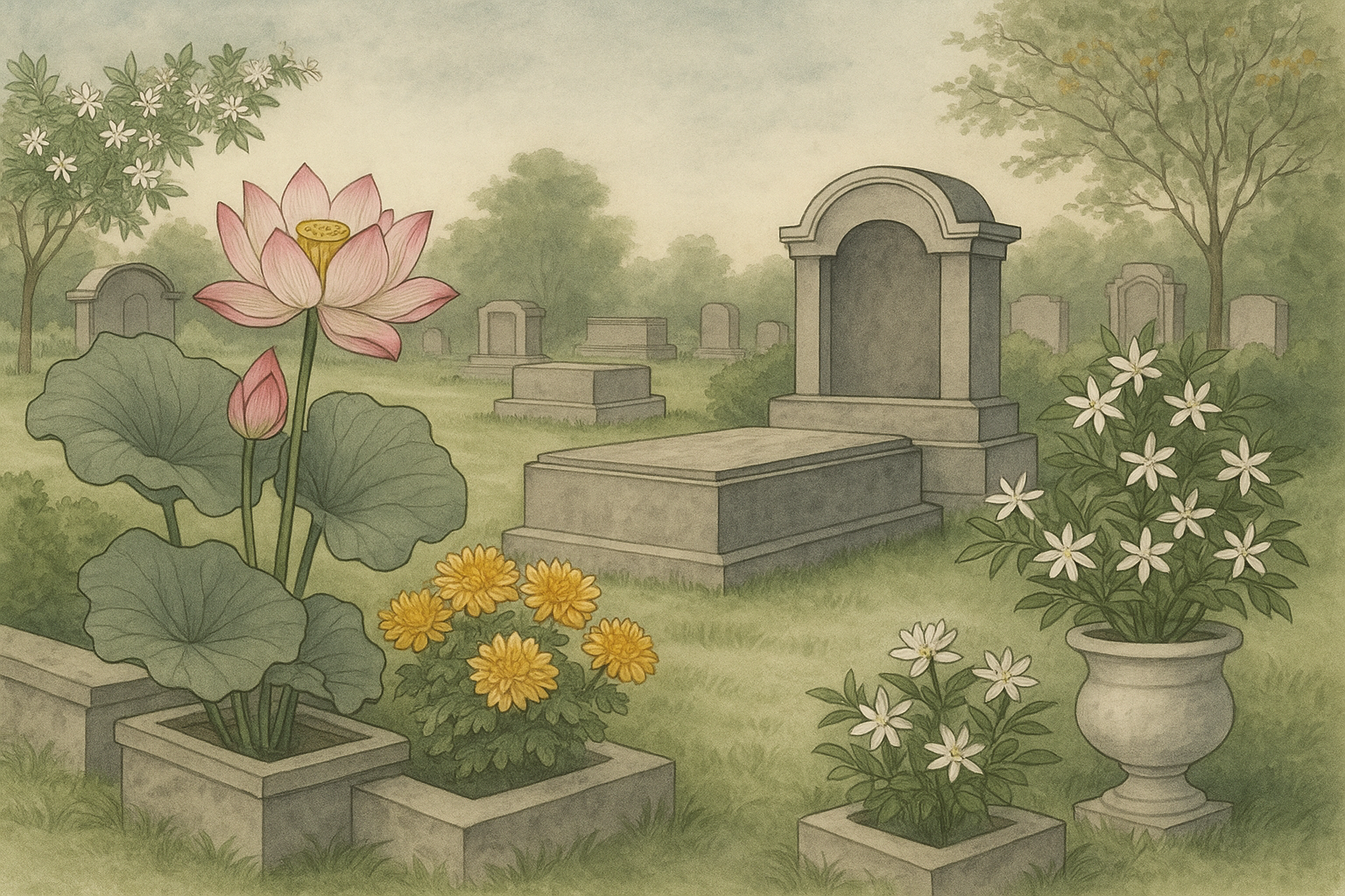 Các loài hoa mang biểu tượng tâm linh và sự thanh tịnh trong khuôn viên lăng mộ