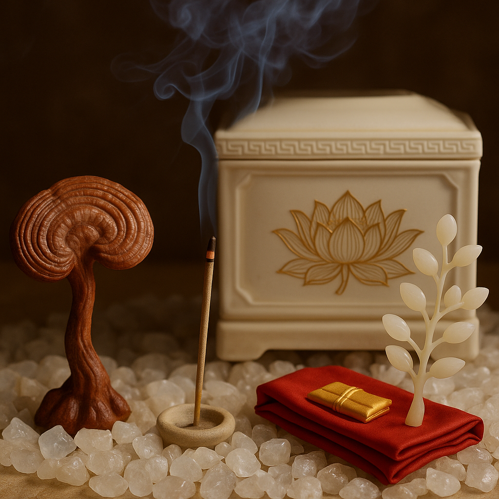 Cây linh chi & cành ngọc – biểu trưng cho trường thọ và may mắn